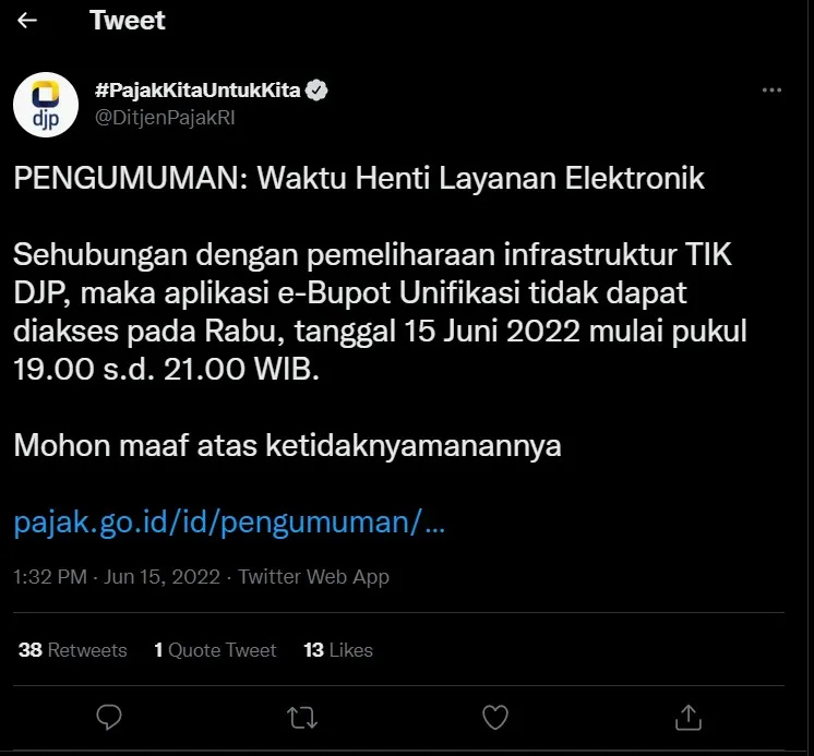 DJP: e-Bupot Unifikasi Tidak Dapat Diakses Sementara Hari Ini