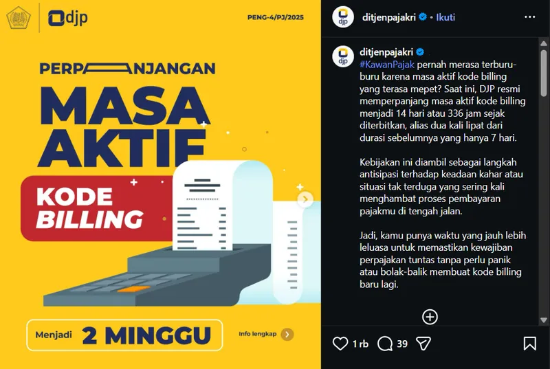 DJP Perpanjang Masa Aktif Kode Billing Menjadi 14 Hari